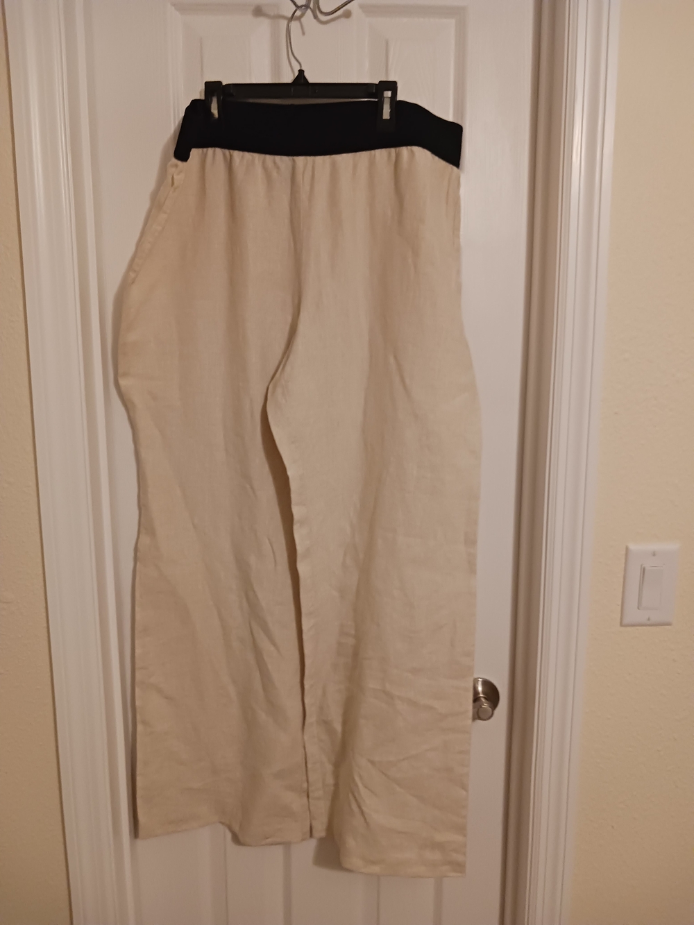 Wide-Leg Linen Blend Pants with Black Elastic Waistband - Cream